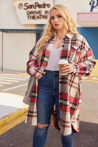 Vista 2 de IN'VOLAND Camisas de franela a cuadros de talla grande para mujer, manga larga, con solapa, estilo novio, con botones, chaqueta larga de tartán