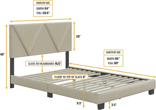 Vista 2 de Boyd Sleep Calais - Base de cama de plataforma con cabecera ajustable tapizada de tela y soportes de listones de madera, no requiere somier: lino