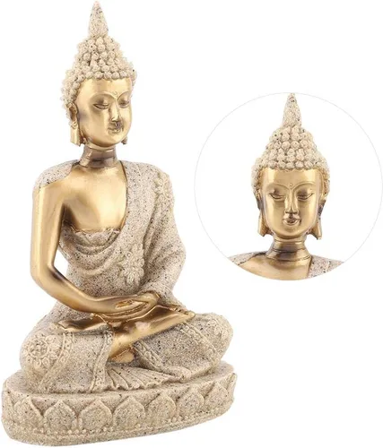 Vista 7 de Estatua de Buda, arenisca y resina, oro, mesa, hecho a mano, decoración de Buda