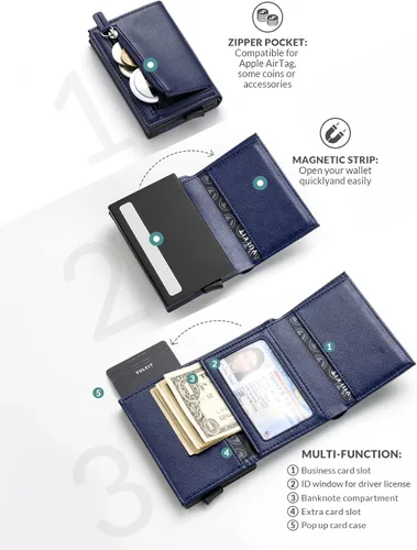 Vista 3 de Cartera plegable de cuero genuino con compartimento para billetes, ventana de identificación y bolsillo para monedas