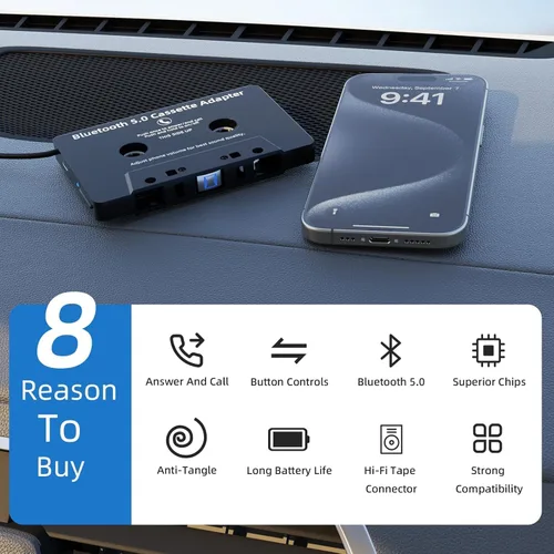 Vista 3 de Mersoco - Receptor de casete Bluetooth para automóvil, reproductor de cinta BT 5.0, adaptador auxiliar de casete con manos libres
