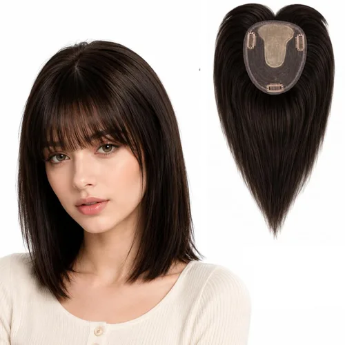 Vista 14 de Peluca de cabello humano para mujer con flequillo, peluca con clip para cabello fino + base de cuero cabelludo de poliuretano de alta densidad