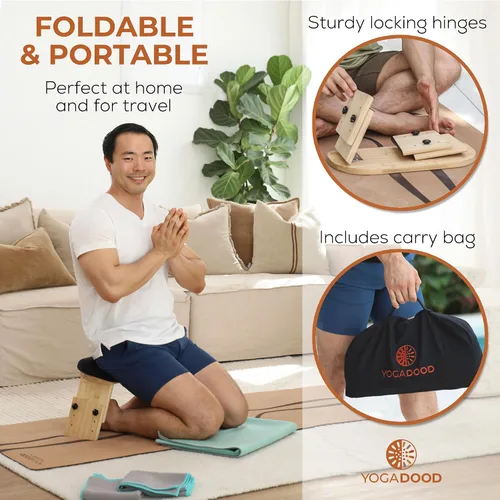 Vista 6 de Yoga Dood Zen+ Adjustable Meditation Bench – 3-Level Height Kneeling Bench for Zazen & Prayer – Ergonomic 5° Tilt, Foldable Solid Bamboo with