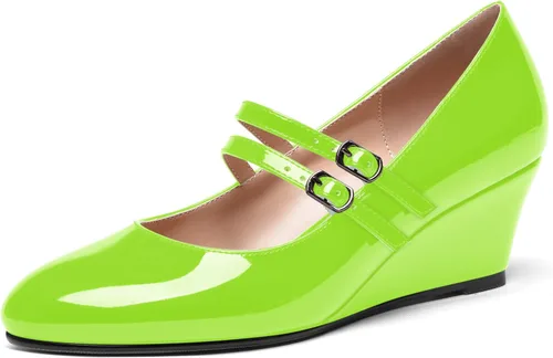 Vista 21 de SHOWFOREST Zapatos de tacón bajo con hebilla de punta redonda para mujer, con correa ajustable y correa ajustable, 2 pulgadas Beige