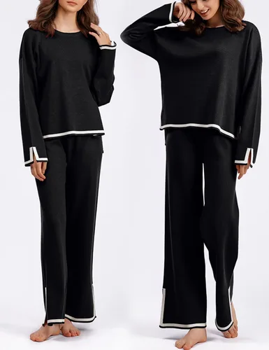 Vista 2 de Lviefent Conjunto de suéter de manga larga para mujer, suéter de punto, pantalones de pierna ancha, conjunto de 2 piezas para descansar