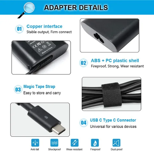 Vista 3 de Cargador USB-C tipo C de 65 W para Dell XPS 13 9350 9360 9365 9370 9380 12 9250 Latitude 7275 7370 5175 5285 5290 7390 2 en 1 LA65NM170 HA66 5NM17 0