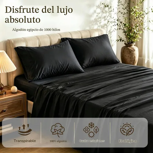 Vista 2 de MEISHANG 1000TC Egyptian Cotton Sheets Queen, 16" Deep Pocket Negro