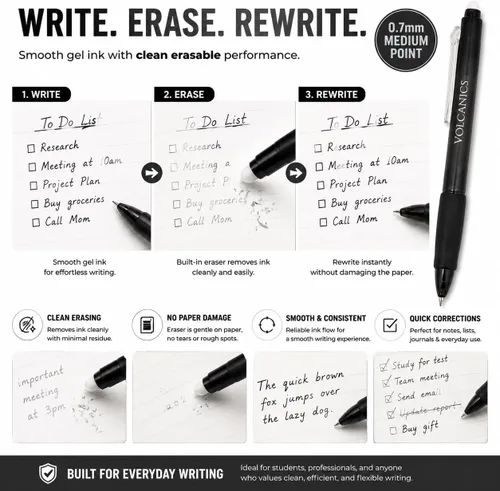 Vista 3 de Volcanics Retractable Erasable Gel Pens, Soft Black, 0.7mm, 12 Pack Negro