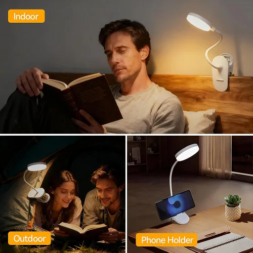 Vista 3 de Luz de abrazadera con clip para cabecera de cama, lámpara de escritorio recargable, 3 colores (blanco/blanco cálido/cálido), cuello de cisne