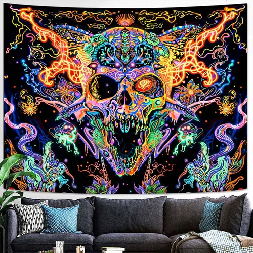 Vista 22 de Kanuyee Tapiz de luz negra de neón para colgar en la pared, bosque encantado, cascada, tapices para dormitorio, tapices UV, para colgar en la pared