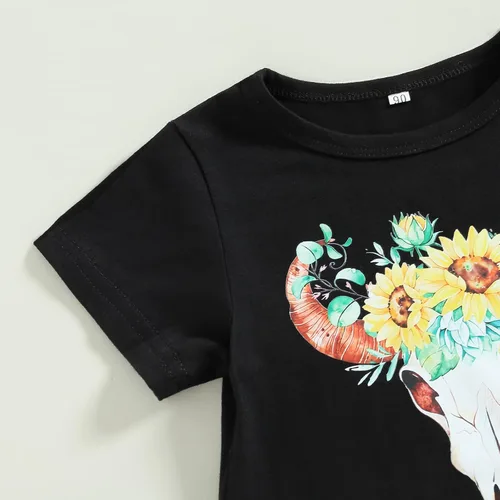 Vista 101 de fhutpw Conjunto de camiseta de manga corta con estampado de vaca y pantalones acampanados de dibujos animados para niñas