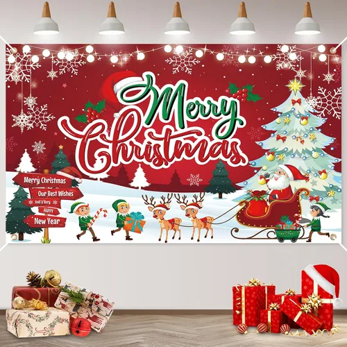 Vista 8 de Cartel de Navidad al aire libre, gran tela azul decoraciones de Feliz Navidad con Papá Noel renos regalos de fondo, cartel de Navidad para patio