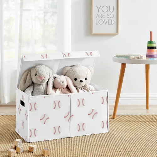 Vista 2 de Sweet Jojo Designs Caja de almacenamiento de juguetes de tela roja y blanca para niños, para niños, para colección de parches de béisbol