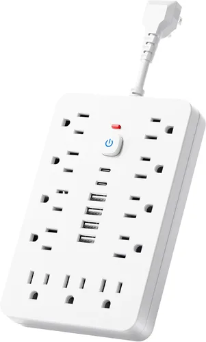 Vista 11 de Protector de sobretensiones - Enchufe de pared con múltiples tomas de corriente alterna, 6 puertos USB (2 USB C), cable de extensión corto negro