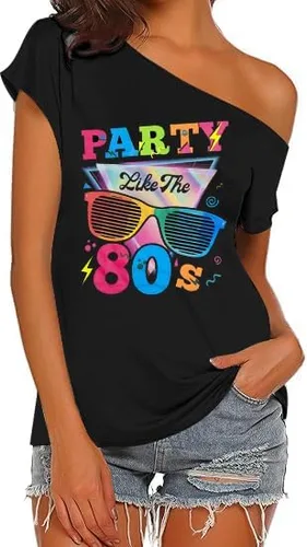 Vista 4 de Traje de los años 80 para mujer, camisetas de fiesta temática retro de los años 80, trajes de discoteca vintage de los años 80, camisetas de neón
