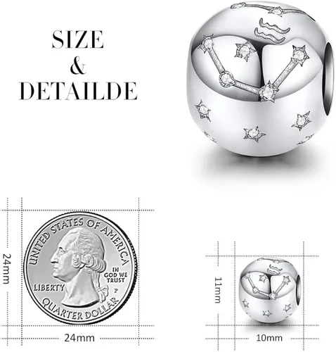 Vista 2 de FOREVER QUEEN Letrero de estrella del zodiaco de plata de ley 925, dije de cuentas para pulseras, collar de 12 constelaciones compatible con pulsera