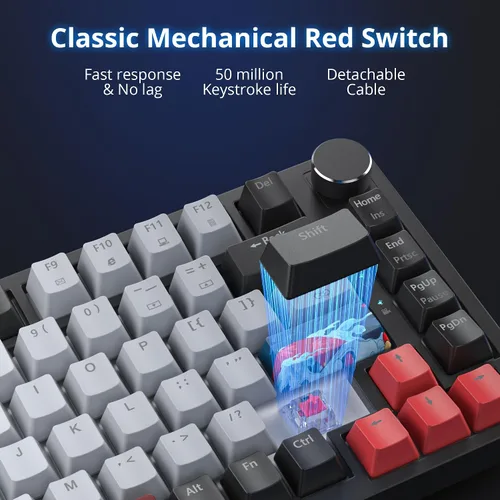 Vista 5 de Fogruaden Teclado mecánico con cable al 75%, montaje de junta intercambiable en caliente con interruptor rojo, retroiluminación RGB de 82 teclas