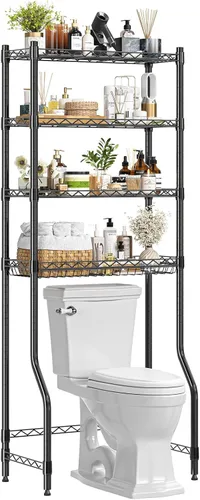 Vista 9 de Simple Trending Estante de almacenamiento sobre el inodoro, estante organizador de baño de metal de 3 niveles con soporte para papel y 3 ganchos