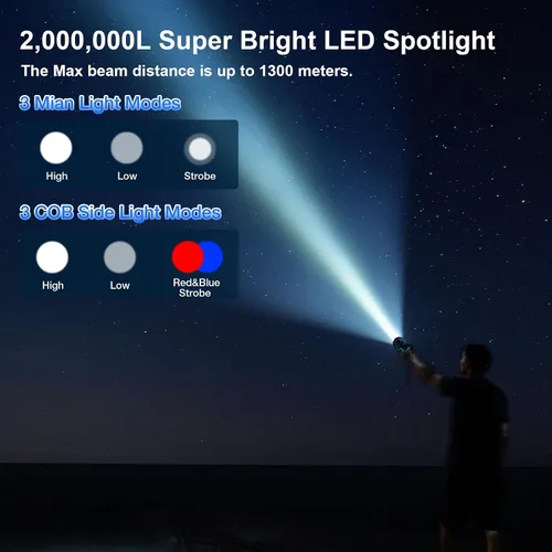 Vista 2 de Foco solar recargable, 2,000,000 lúmenes de alta potencia, luces LED para exteriores, linterna de mano súper brillante de largo alcance con 6 modos