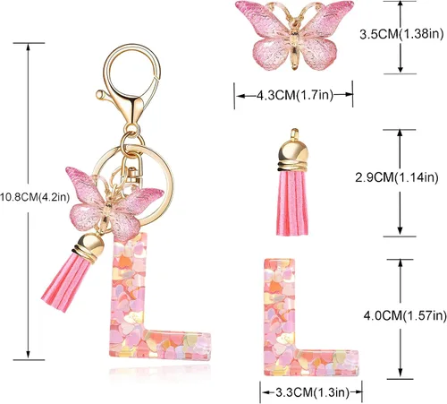 Vista 2 de OKAICEN Llavero de letra inicial del alfabeto de moda, borla y mariposa, llavero para bolso, bolsos de mano para mujeres y niñas