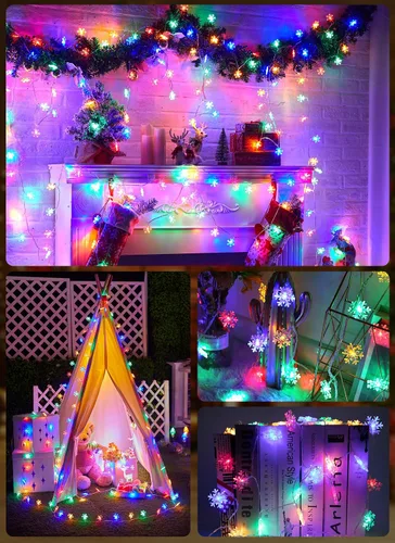 Vista 6 de Brightown Luces de Cadena de Copos de Nieve para Exteriores, 50 LED 26 Pies Luces de Navidad Multicolor con Funcionamiento a Batería, 8 Modos