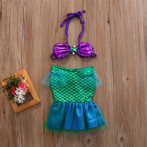 Vista 2 de Traje de dos piezas para niñas con cuello colgante de sirena y cuello halter de perlas + traje de tul con retazos de cola de sirena