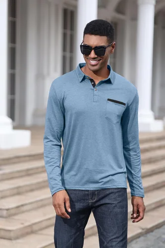Vista 3 de Polo de algodón clásico de manga larga con botones térmicos y bolsillo para hombre