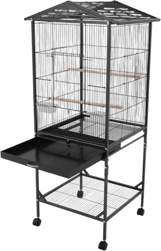 Vista 8 de Jaula grande para pájaros, jaulas movibles para pájaros con ruedas, 4 ventanas de alimentación, bandeja deslizante, aviario panorámico para pájaros