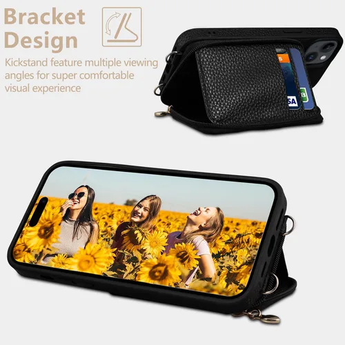 Vista 5 de Funda compatible con iPhone 15 de 6.1 pulgadas, cremallera cruzada con ranuras para tarjetas de bloqueo RFID, soporte, cordón y correa de mano