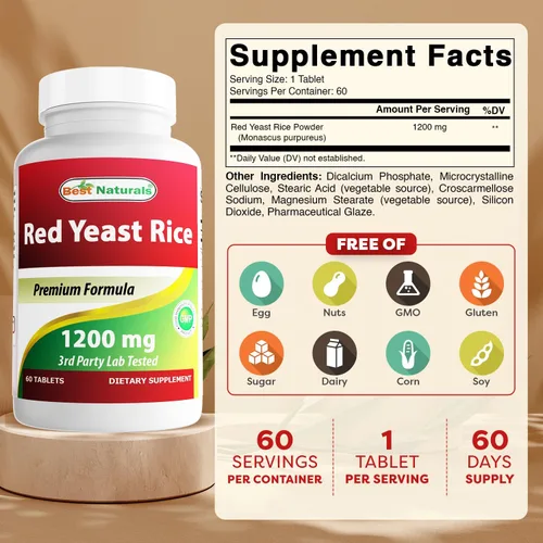 Vista 2 de Best Naturals Arroz de levadura roja 1200 mg 60 comprimidos (sin citrinina)