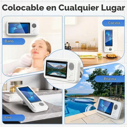Vista 5 de Soporte para teléfono de ducha con altavoz Bluetooth inalámbrico, soporte impermeable para teléfono con altavoz, funda de teléfono de ducha