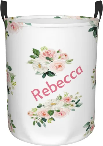 Vista 7 de Cesta de lavandería personalizada con diseño de jirafa, león y flores rosadas, con asas, impermeable, para decoración de dormitorio y baño.