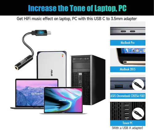 Vista 4 de Adaptador USB C para auriculares, T-Sound USB tipo C a conector de auriculares hembra de 0.138 in (DAC de alta resolución) compatible con MacBook