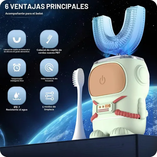 Vista 2 de RexCodar Cepillo de dientes eléctrico ultrasónico en forma de U para niños, IPX7 impermeable, cinco modos de limpieza, astronauta de dibujos Verde