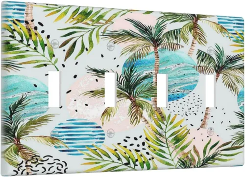 Vista 46 de Cubierta de interruptor de luz de una pandilla de hojas de palma tropicales de estilo bohemio abstracto, árbol de coco, verano, sin dispositivo