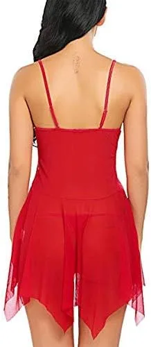 Vista 3 de Lencería para mujer con cierre frontal de encaje, camisón de malla (sin relleno), color rojo