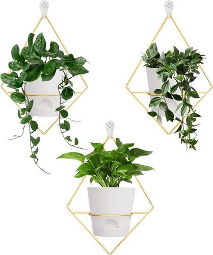Vista 8 de Koalaime 3 juegos de macetas de pared para plantas de interior, macetas colgantes geométricas para plantas de interior, macetas de riego automático