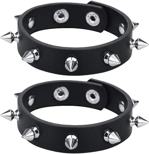 Vista 3 de Pulsera con tachuelas de cuero Gargantilla Punk Spike Rivet Cuff Metal Negro Pulsera