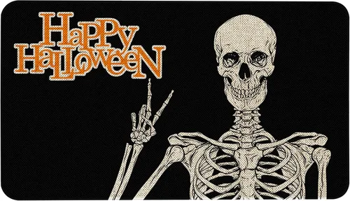Vista 13 de Mloabuc® Felpudo de Halloween para puerta delantera, fantasma negro, parte trasera de goma antideslizante, diseño de calavera de feliz Halloween