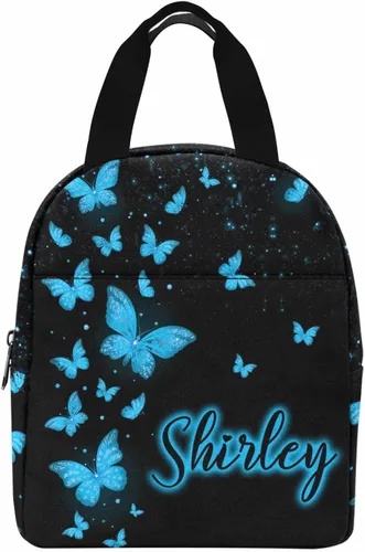 Vista 15 de InterestPrint Bolsa de almuerzo con nombre personalizado para hombres y mujeres, diseño de mariposa rosa y azul personalizada, caja de almuerzo