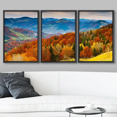Vista 2 de wall26 Lienzo enmarcado para pared, juego de arte rojo, verde y amarillo, bosque de montaña otoñal, naturaleza, desierto, fotografía, realismo
