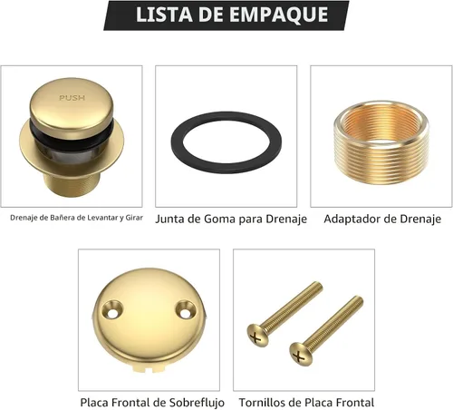 Vista 5 de Kit de drenaje de bañera completamente metálico con mecanismo basculante, placa frontal de desbordamiento de dos orificios y ensamblaje universal