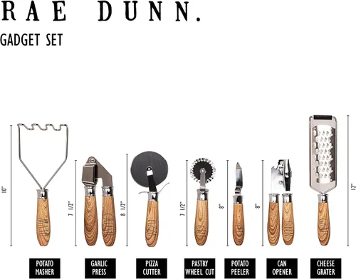 Vista 6 de Rae Dunn Everyday Collection - Juego de utensilios de cocina de madera y acero inoxidable, 7 piezas, herramientas de cocina con asas de madera