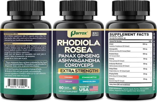 Vista 8 de Rhodiola Rosea Panax Ginseng Ashwagandha Cordyceps Champiñón Cúrcuma Ginkgo Biloba Ortiga Adaptógeno Mezcla Suplemento Cápsulas para Apoyo Diario