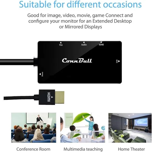 Vista 4 de Adaptador HDMI 4 en 1, convertidor de pantalla HDMI síncrono a VGA DVI HDMI con audio, video de 1080p para laptop, monitor, proyector (negro)