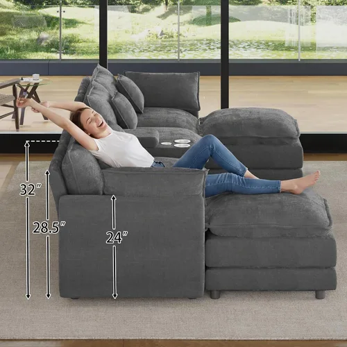 Vista 9 de Sofá modular de gran tamaño de 145 pulgadas, sofá de nube en forma de U, moderno juego de sofá de 6 asientos para sala de estar, cómodo asiento Gris