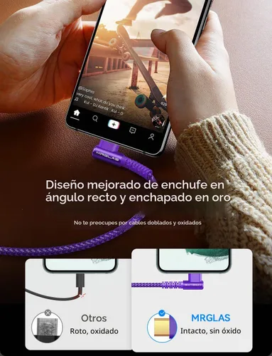 Vista 3 de MRGLAS - Cable de carga USB tipo C de 3.2 A [4 unidades, 90° y chapado en oro] Carga rápida 10+6.6+3.3+1.6FT, Right Angle Type C Charger Durable