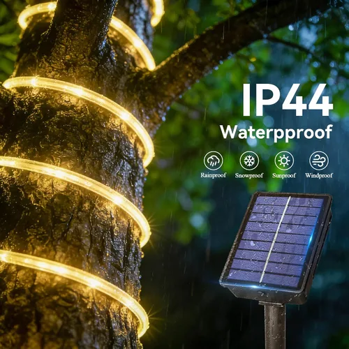 Vista 3 de Ollny Cuerda de luces solares para exteriores, 33 pies, 100 luces LED de color blanco cálido con control remoto, 8 modos de luz impermeable