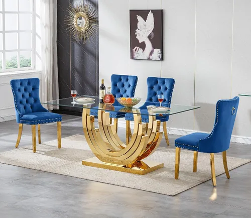 Vista 36 de Juego de mesa de comedor de cristal dorado de 5 piezas, 70 pulgadas, rectangular, moderna, para cocina y comedor, mesa de comedor para 4, mesa