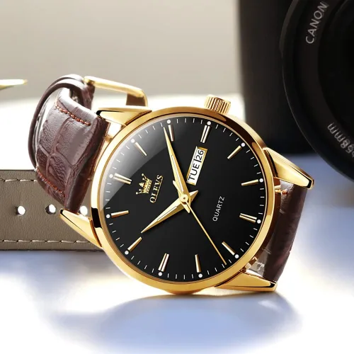 Vista 4 de OLEVS Reloj para hombres cronógrafo marrón cuero oro caso analógico cuarzo moda negocios vestido grande hombres reloj día fecha luminoso impermeable